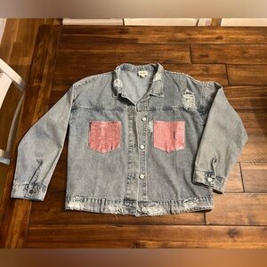 BiBi - Distressed Jean Jacket with Pink Sequin Pockets - Size XL